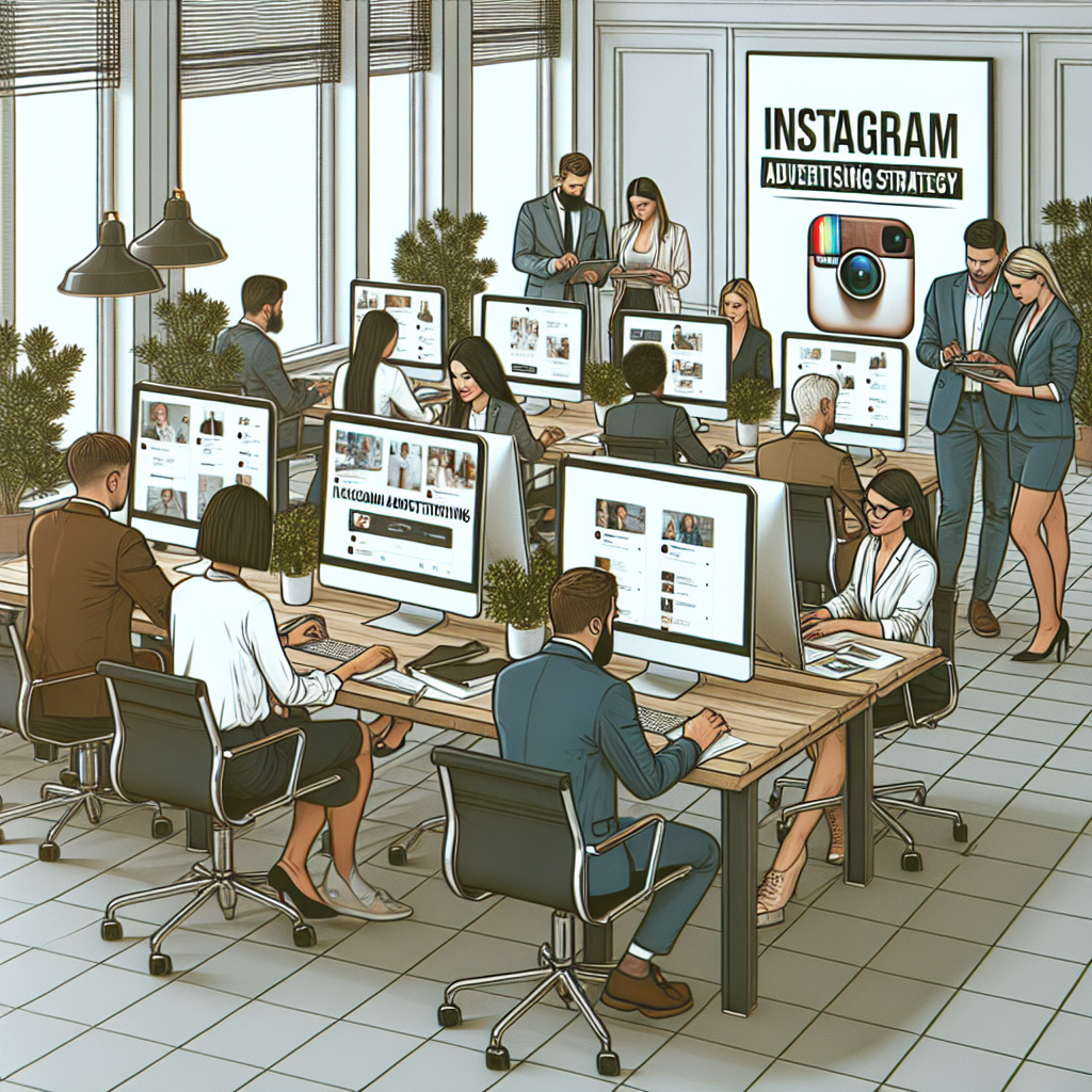 Imagine cu oameni care lucreaza la computere, discutand despre reclame pe Instagram, intr-un mediu de birou. Aparitia tuturor persoanelor este de tip european, fotografie reala.