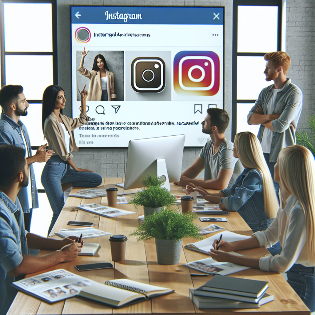 Grupa de oameni de tip european discuta despre reclame pe Instagram intr-un birou modern, pe ecran se pot vedea exemple de posturi de succes.