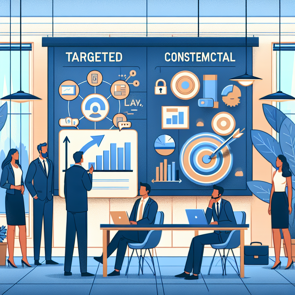 Comparatia dintre publicitatea targetata si cea contextuala, cu elemente vizuale precum grafice si iconite, oameni de afaceri discutand strategii, alaturi de profesionisti europeni intr-un birou.