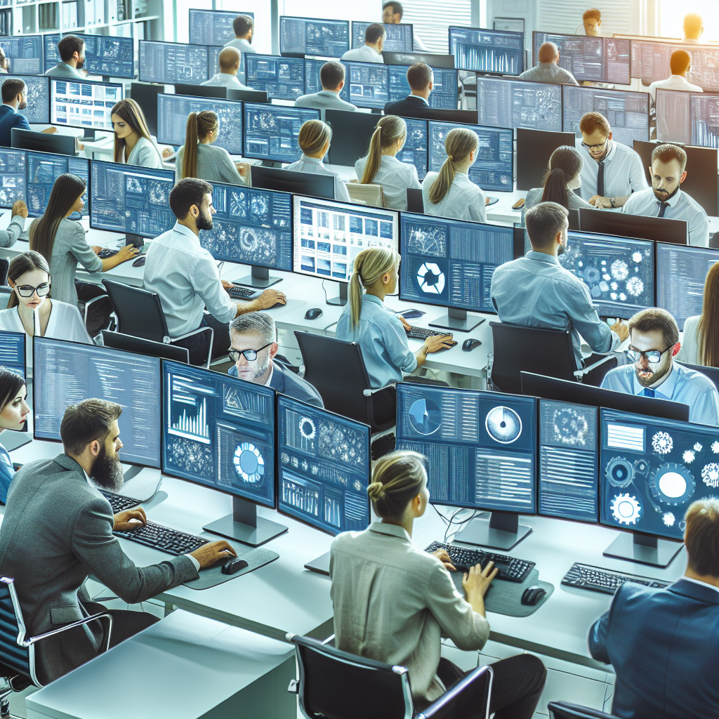 Офисная команда IT-специалистов, работающих за компьютерами, на экране которых отображаются графики и диаграммы, все с европейским типом внешности.