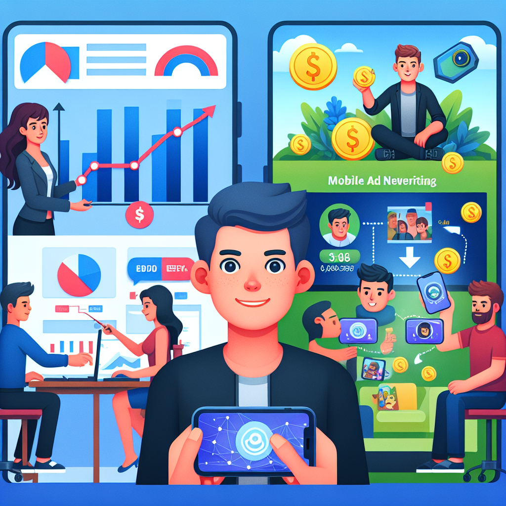 Imagine care ilustreaza procesul de lucru Google AdMob: pe un ecran, un dezvoltator analizeaza statisticile veniturilor din reclame in aplicatie, iar pe altul, utilizatorii interactioneaza cu reclama din joc, toti oamenii avand o infatisare europeana.