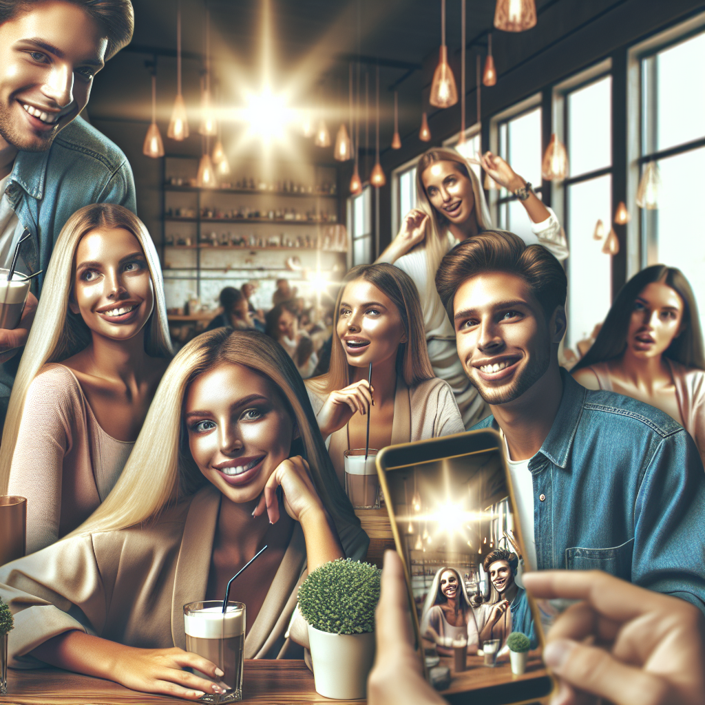 O imagine care arata oameni europeni care filmeaza un videoclip pe TikTok intr-un cafenea moderna, purtand diferite <a href=