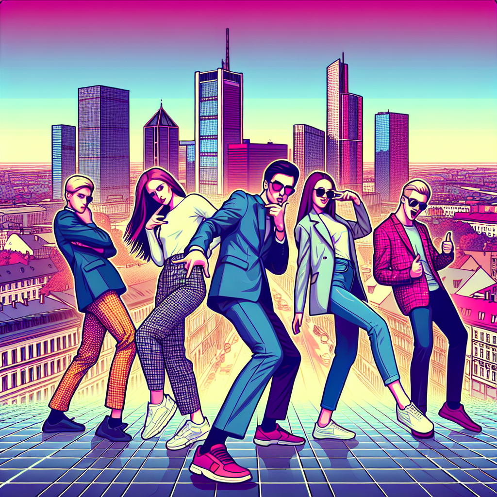 Imagine cu un grup de oameni europeni care participa la un trend TikTok, dansand si facand pozitii amuzante pe fundalul unui oras vibrant. Persoanele au un aspect stilat si diversificat, iar fondul reflecta o atmosfera de veselie si <a href=