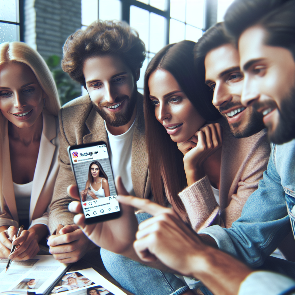 Grup de oameni europeni care privesc un smartphone si discuta despre publicitatea de pe Instagram, imagine asemanatoare cu o fotografie reala.