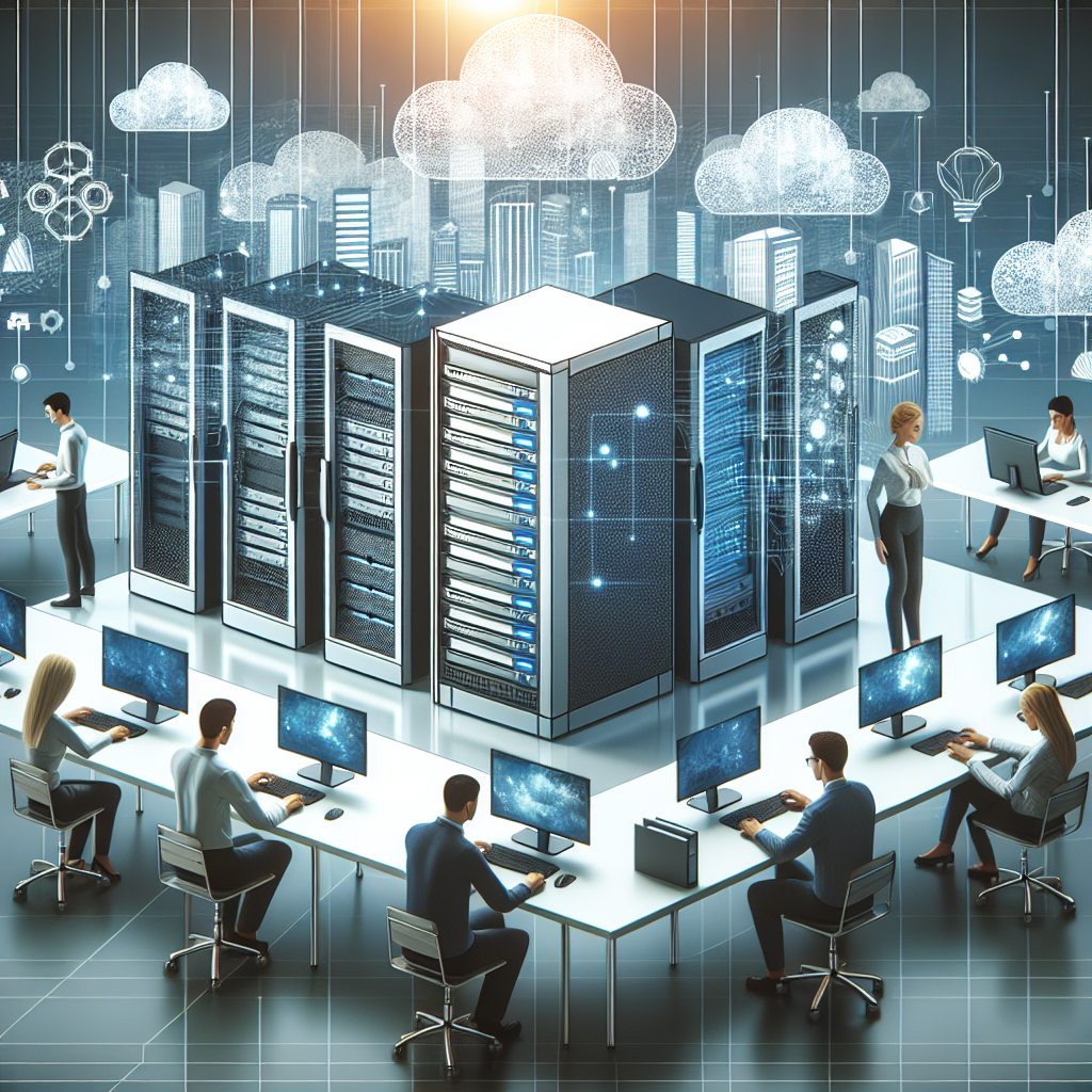 Imaginea unui server virtual modern intr-un birou, cu oameni europeni care lucreaza pe computere.