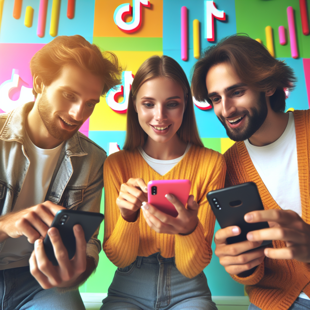 Imagine cu un grup de oameni europeni care exploreaza activ TikTok pe smartphone-urile lor, discutand despre tendintele populare si idei pentru videoclipuri. Atmosfera este prietenoasa si inspiratoare, cu fundaluri vii care simbolizeaza creativitatea si activitatea.