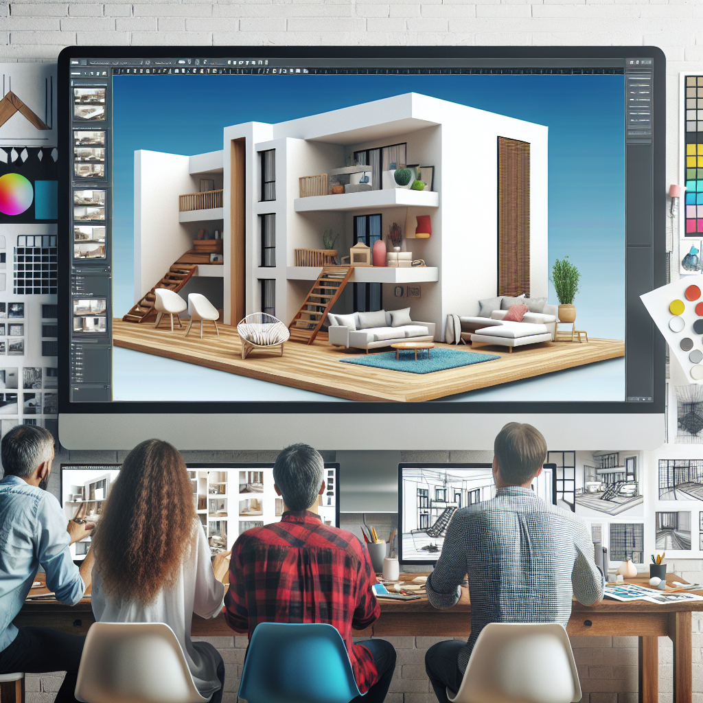 Imaginea procesului de vizualizare 3D a unui interior, care arata pe ecran un model 3D al unui apartament cu diverse mobile si texturi. Toate persoanele din imagine sunt de tip european, lucrand cu entuziasm si <a href=