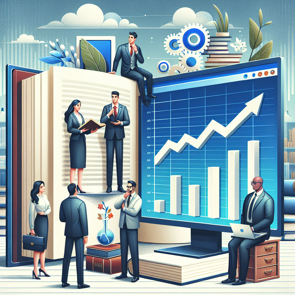 Imaginea ilustreaza selectia unui VPS virtual pentru afaceri, cu o carte deschisa si un computer pe care se vede un grafic de crestere, cu oameni europeni.