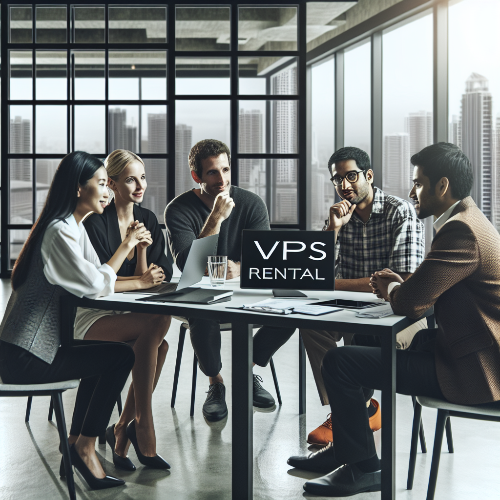 Imaginea prezinta un grup de oameni care discuta despre inchirierea unui VPS intr-un birou modern; toate aspectele fizice ale oamenilor sunt de tip european.