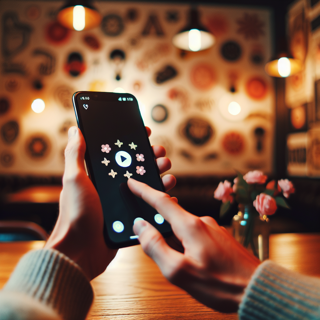 Persoana de origine europeana foloseste telefonul pentru a accesa aplicatia TikTok, intr-un mediu confortabil, iluminat placut, cu multe autocolante pe perete.