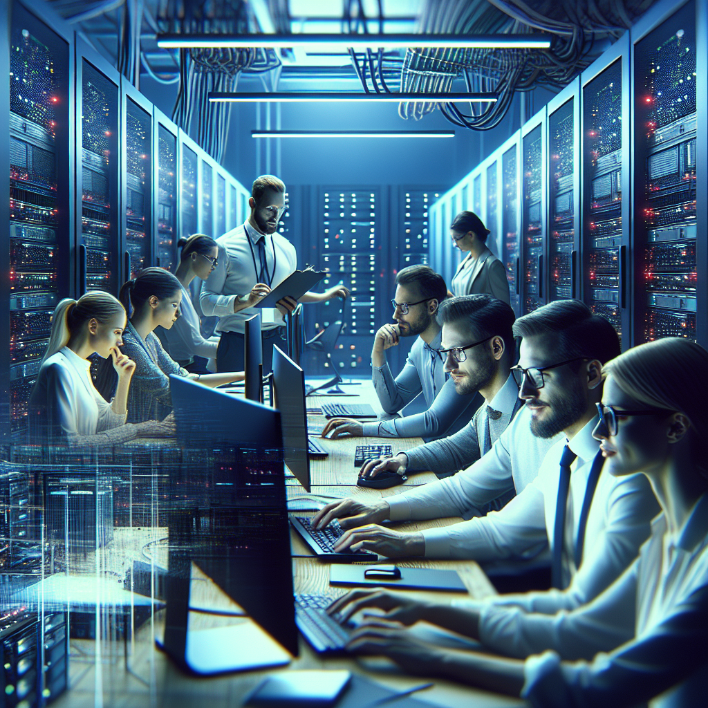 Группа IT-специалистов европейского типа работает за компьютерами в современном офисе, окружённом высокими технологиями, умными устройствами и серверными стойками на заднем плане.