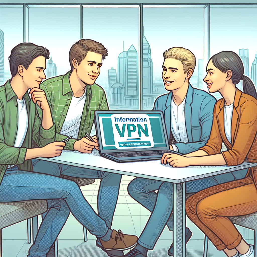 Generati o imagine cu tineri europeni care discuta informatii despre VPN pe un laptop, creand o atmosfera prietenoasa si profesionala intr-un birou.
