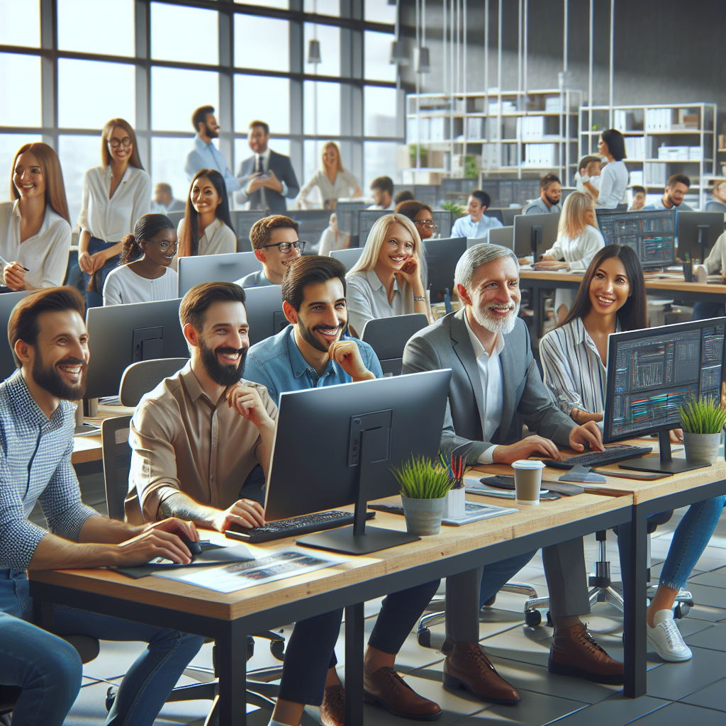 Bir imagine cu un birou al unei companii IT: o echipă de manageri la computere, lucrând la diverse proiecte, toate persoanele de tip european, într-o atmosferă relaxată și prietenoasă.