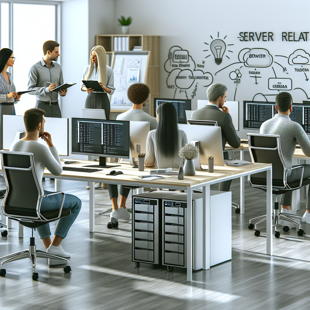 Imaginea unui birou modern de IT, cu locuri de munca unde angajatii discuta despre inchirierea serverelor. Toti angajatii ar trebui sa aiba un aspect european.