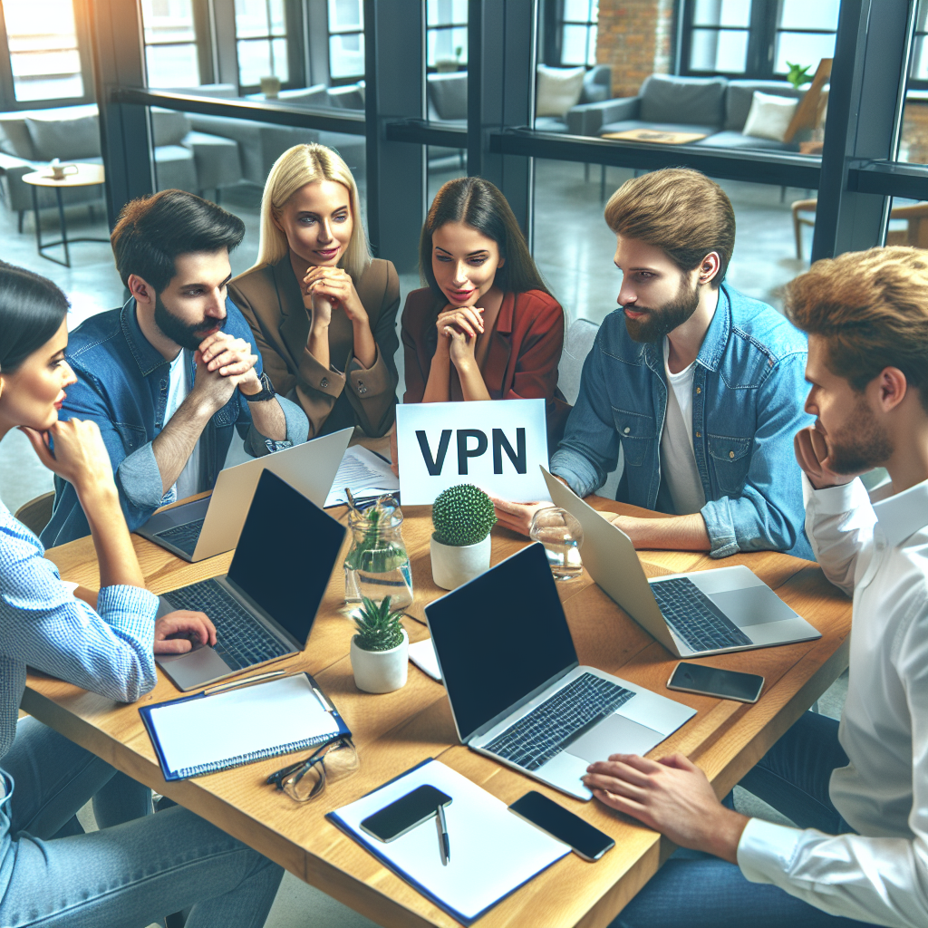 Generati o imagine cu un grup de oameni europeni care discuta solutiile lor pentru achizitionarea de VPN, stând la o masa intr-un birou modern cu laptopuri si notite.