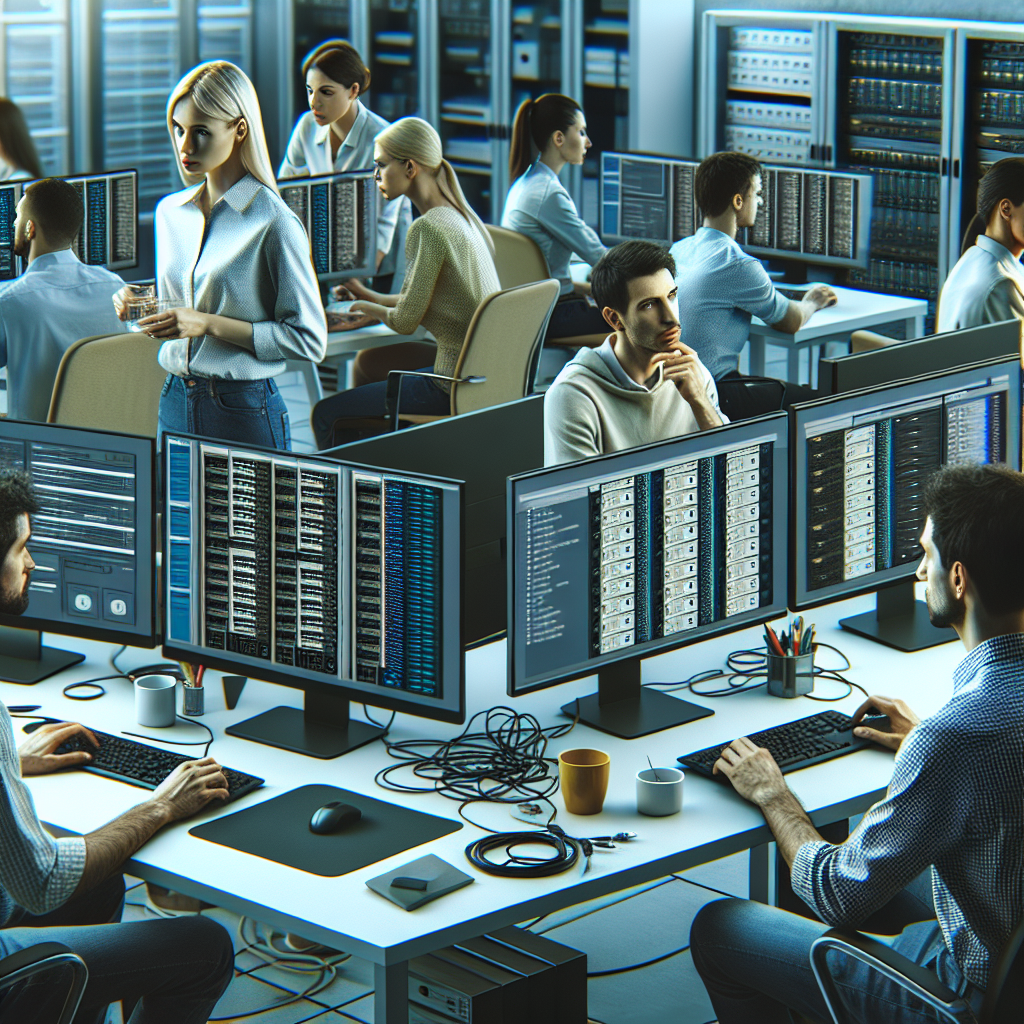 Imagine a unui spatiu de birou cu mai multe computere, pe care sunt deschise monitorizari pentru servere VPS. Oameni de tip european lucreaza si discuta despre serverele configurate.