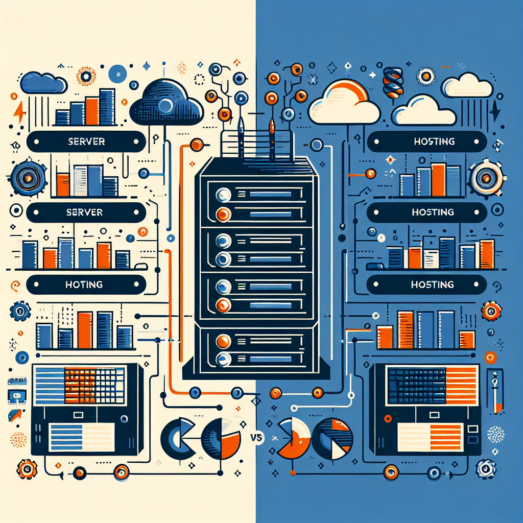 Imagine care ilustreaza comparatia dintre servere si hosting, sub forma unui grafic sau infografie, prezentand vizual avantajele si dezavantajele acestora, cu elemente legate de tehnologie si internet.