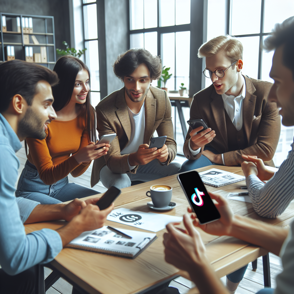 Grup de oameni europeni discutand despre retelele sociale intr-un birou modern, purtand dialoguri active si folosind telefoanele pentru a viziona TikTok.