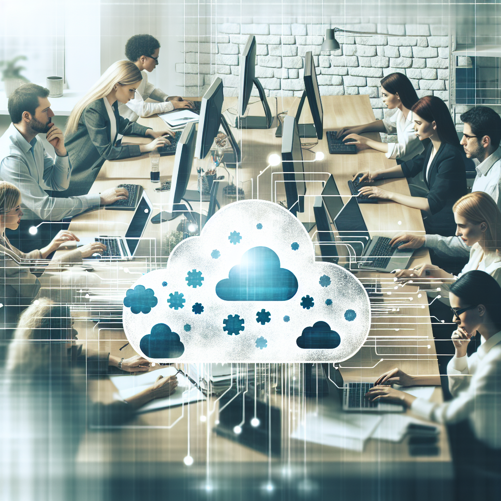 O imagine cu oameni (de tip european) care lucreaza la computere intr-un birou, inconjurati de elemente grafice cloud, simbolizand tehnologiile cloud. Imaginea trebuie sa arate ca o fotografie.