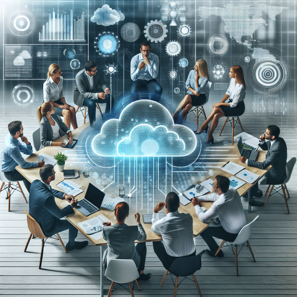 O imagine cu angajati europeni dintr-un birou care discuta despre tehnologiile cloud, inconjurati de grafice vizuale si date care reprezinta <a href=