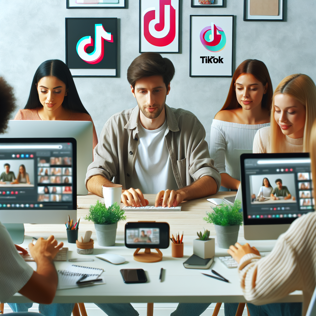 Imaginea unor creatori de continut care realizeaza videoclipuri pe TikTok, stati la computerele si smartphone-urile lor, abordand trenduri si hashtag-uri actuale.