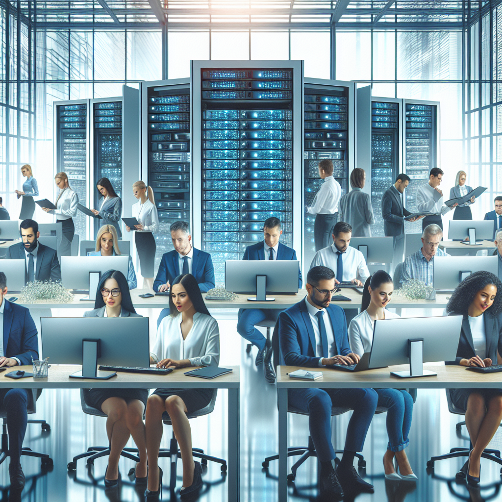 IT-specialisti lucrand la calculatoare cu servere intr-un birou modern, cu <a href=