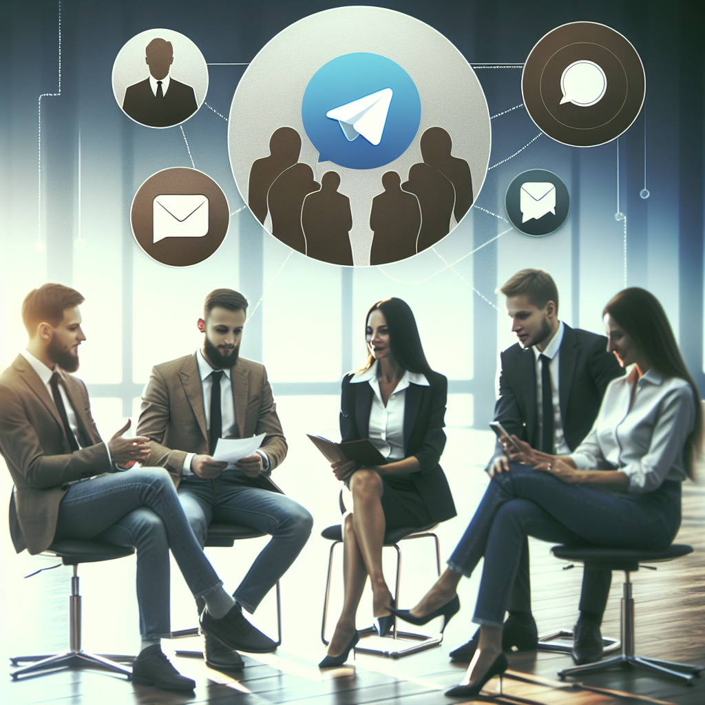 Imagine care ilustreaza oameni discutand despre utilizarea Telegram pentru afaceri, cu un accent pe canale si chat-uri. Aparente europene, <a href=