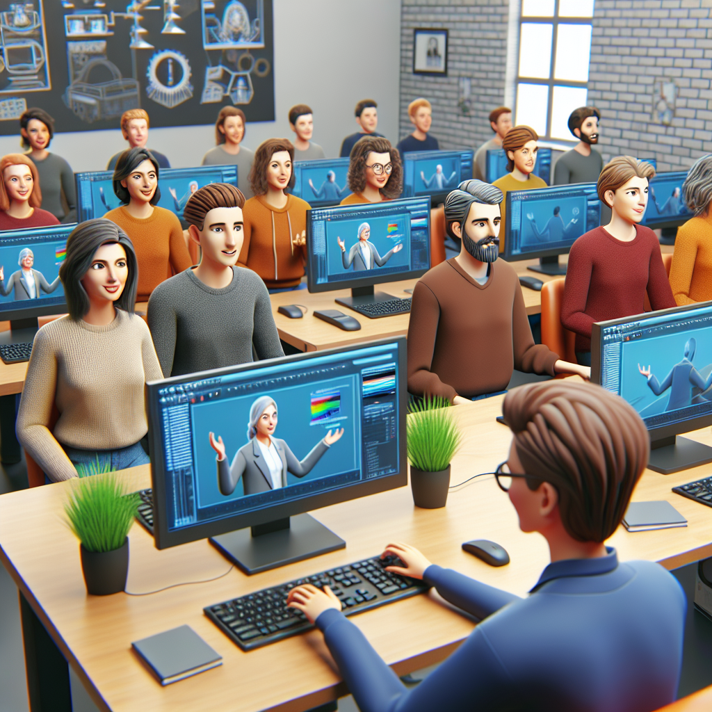 imagine cu un grup de oameni de diferite varste si sexe care invata sa creeze animatii 3D pe computere intr-un birou confortabil. Toate persoanele din imagine ar trebui sa aiba un aspect european.