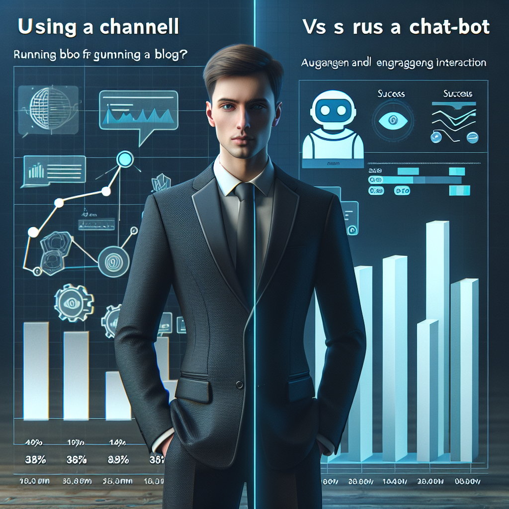 Imagine care arata comparatia intre utilizarea canalului si a chatbot-ului in Telegram pentru blogging, punand accent pe succes si interactiunea cu publicul. Aparente europene, atmosfera de afaceri, grafica pentru claritate.