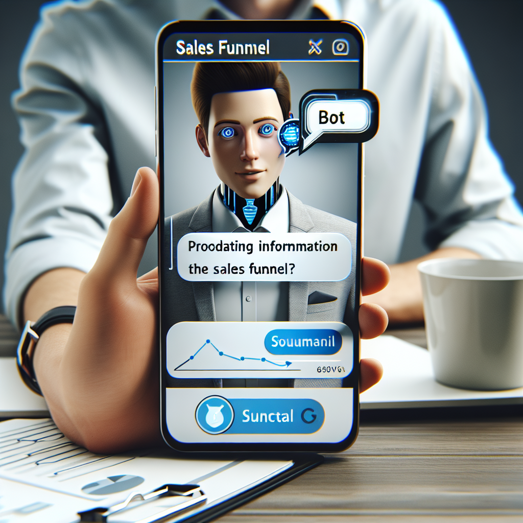 Imagine in care un utilizator interacționează cu un bot de automare a vânzărilor, iar botul oferă informații despre funnela de vânzări. Toți oamenii din imagine au trăsături europene, iar imaginea ar trebui să aibă un aspect natural, ca o fotografie.