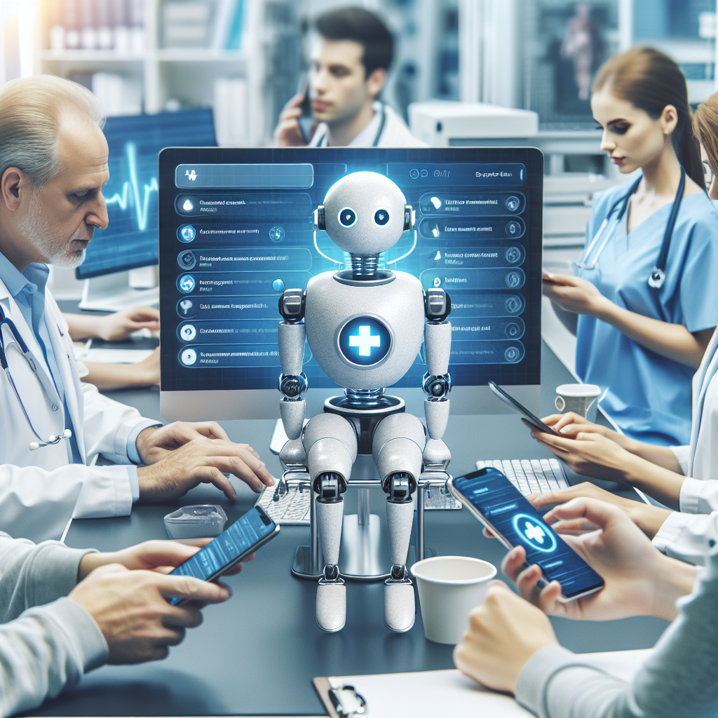 Imagine care arata un chatbot medical in actiune - imaginea trebuie sa semene cu o fotografie reala, in care oameni de tip european interactioneaza cu dispozitive mobile intr-un cadru medical.
