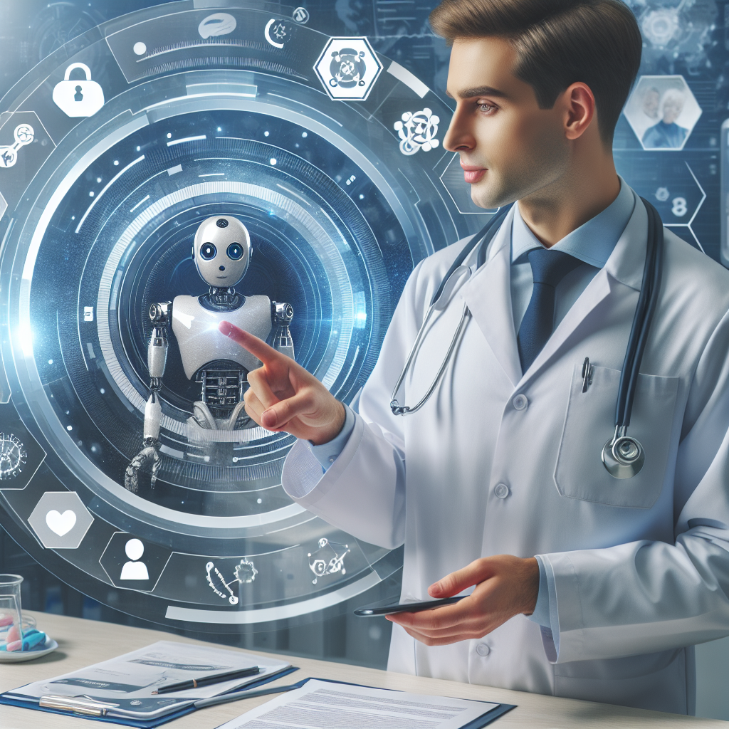 Imagine care ilustreaza un medic de succes, folosind un chatbot pentru a comunica cu pacientii intr-un mediu digital - imaginea trebuie sa arate ca o fotografie reala, cu oameni de tip european interactiuneaza cu diverse tehnologii intr-un cadru medical.