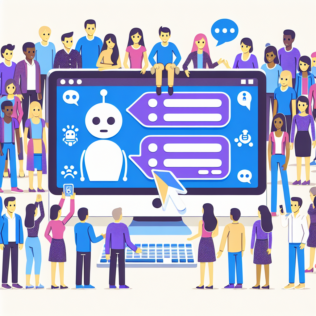 Ecran de computer cu interfata unui chatbot care raspunde la intrebarile utilizatorilor. Toate persoanele au aspect european.