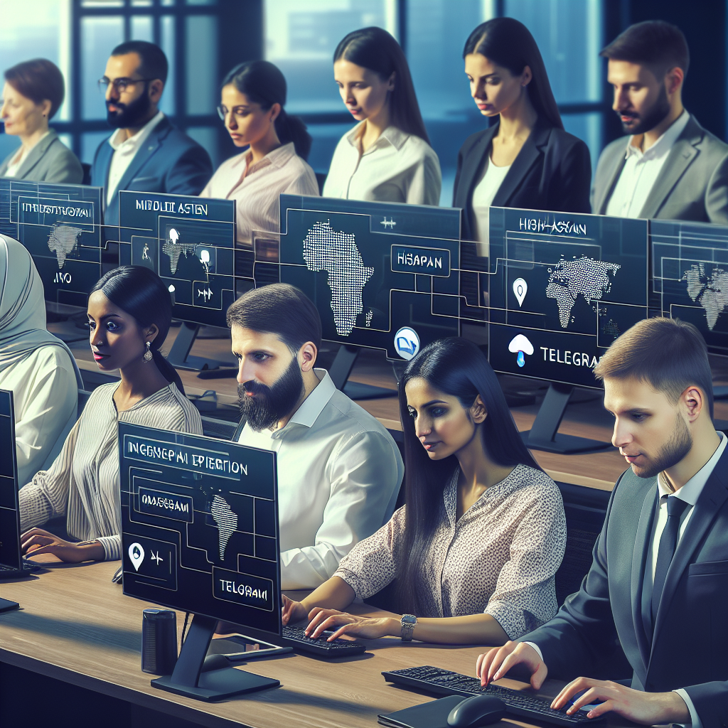 Imagine a unei echipe de profesionisti care lucreaza la integrarea Jivo si Telegram, cu oameni de tip european, concentrati pe calculatoare, avand in jur elemente vizibile ale mesagerilor si software-ului. Fundalul este un birou echipat tehnologic.