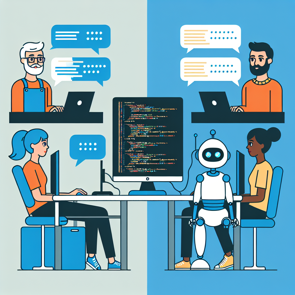Imagine a procesului de dezvoltare a unui chatbot, cu calculatoare ale programatorilor pe o parte si feronerie de dialog care arata cum interacționeaza chatbot-ul cu utilizatorii, cu oameni de tip european.