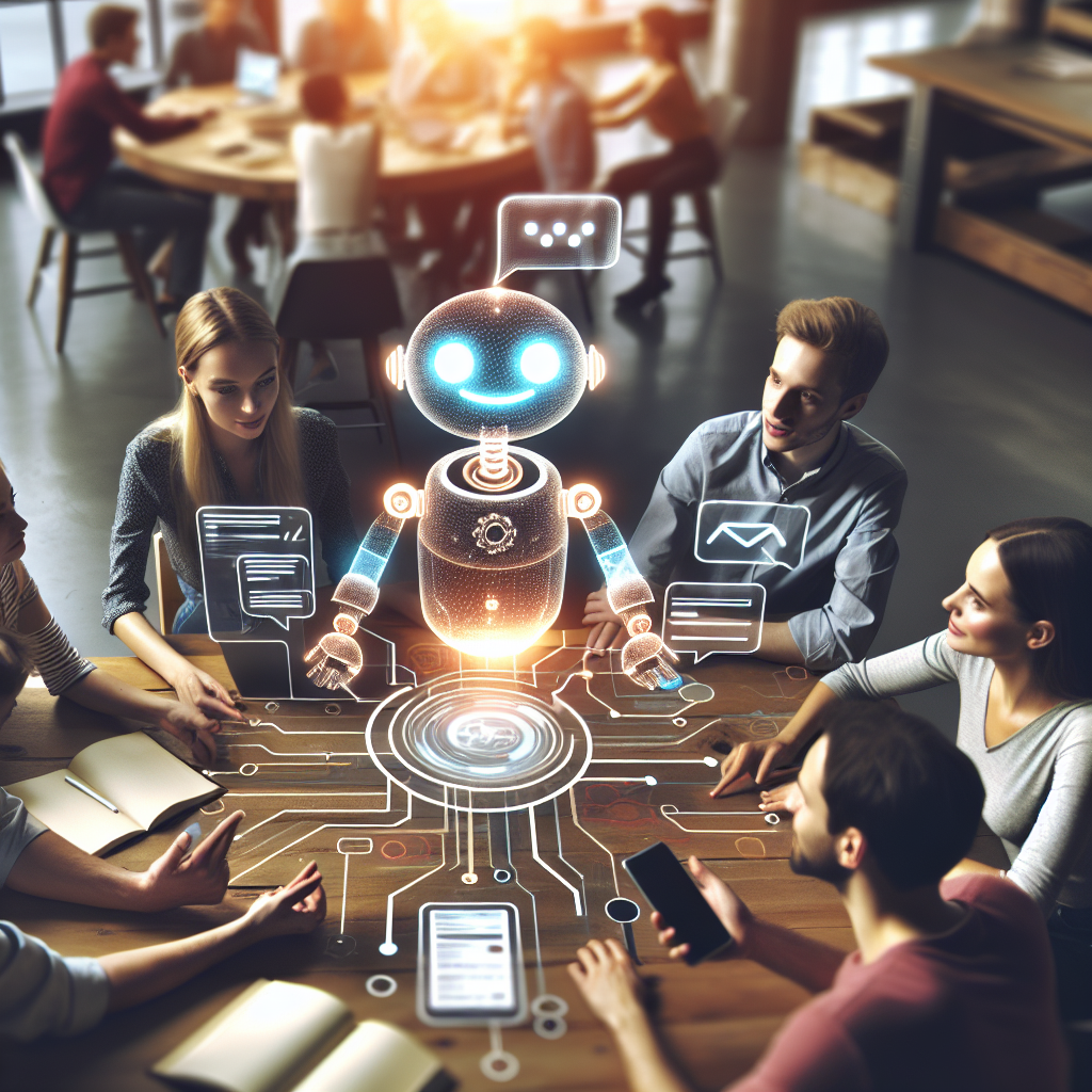O imagine cu un grup de oameni care discuta si configureaza un chatbot in Telegram, cu accent pe interactiune si <a href=