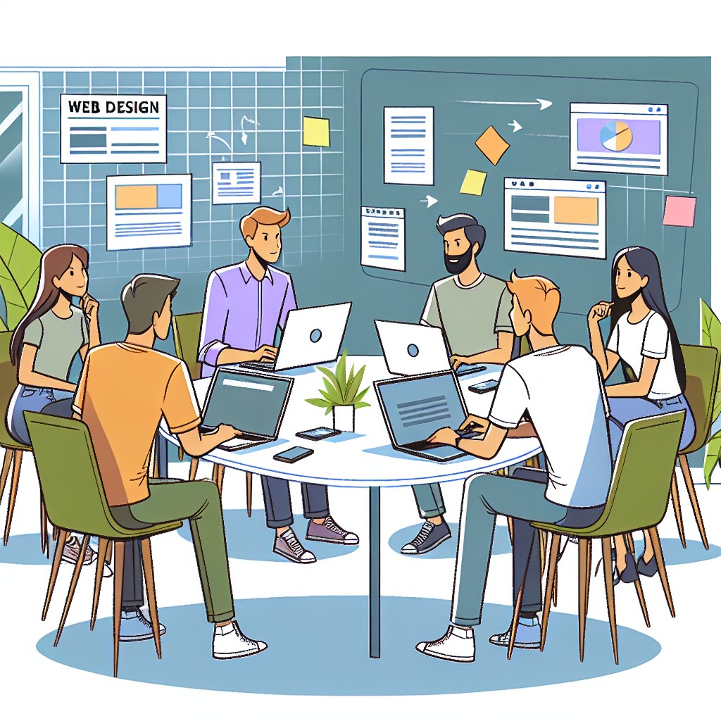 Imagine care prezinta un grup de oameni de tip european discutand despre dezvoltarea web-design-ului, asezati la o masa cu laptopuri si note, intr-o atmosfera de birou. Oamenii ar trebui sa aiba un aspect modern, stylish si prietenos.