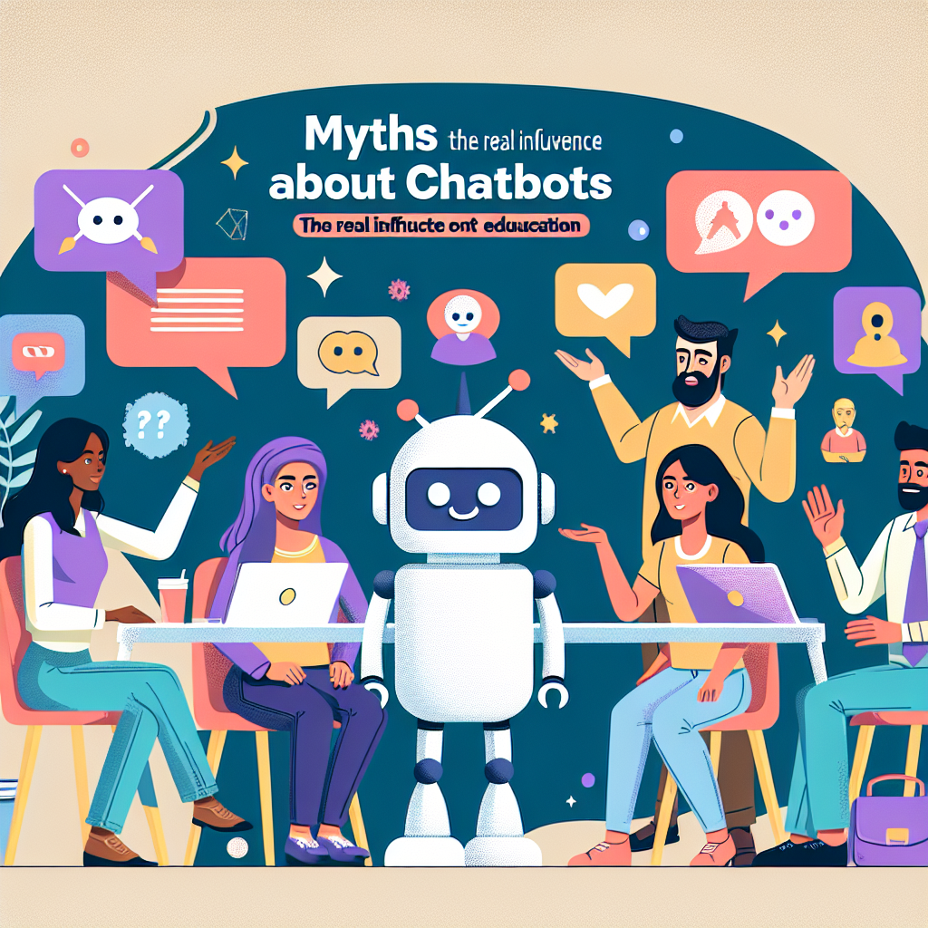 Ilustratii vibrante care simbolizeaza miturile despre chat-boturi, cu personaje care discuta activ despre influenta reala a chat-boturilor asupra invatamantului. Toate persoanele ar trebui sa aiba un aspect european.