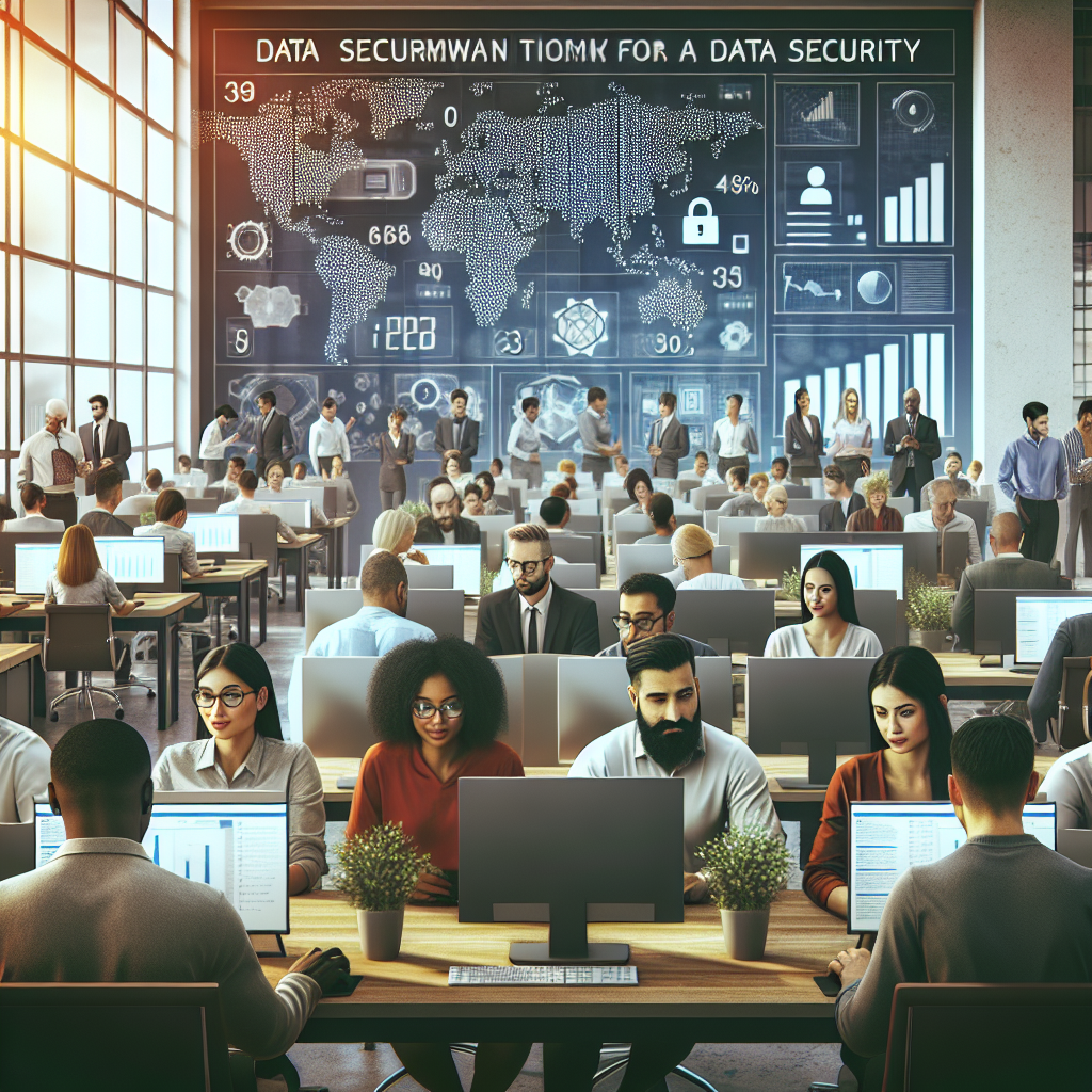 Birou IT, angajati lucrand la computere, pe pereti postere cu grafice despre securitatea informatiilor, toate persoanele de tip european.