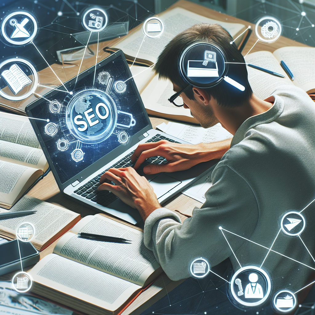 Barbat european studiind informatii despre SEO la un laptop, inconjurat de carti si notite.
