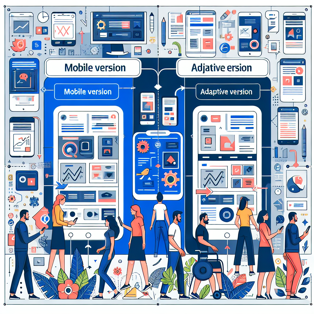 Imagine care ilustreaza diferentele dintre versiunile mobile si adaptative ale unui site web, cu elemente grafice si infografice. Toate persoanele din fotografie trebuie sa aiba un aspect european.