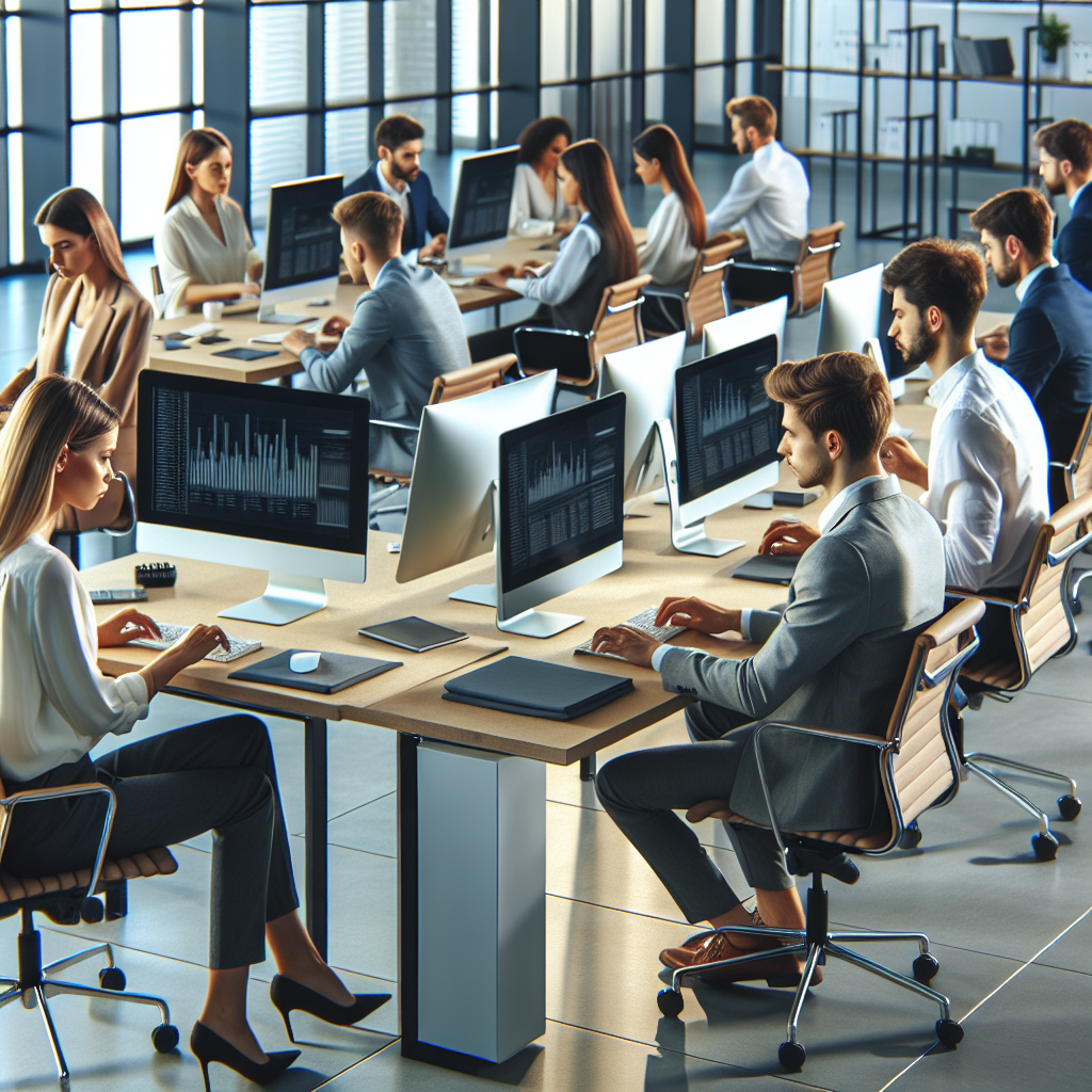 Imaginea prezinta un spatiu de birou modern, cu oameni tineri de tip european, ocupati la computere. Pe mese se gasesc elemente specifice unei companii IT: monitoare, tastaturi si grafice pe ecrane.