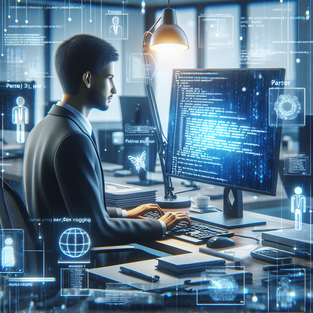 Imagine realista cu un om de tip european lucrand cu un parser pe computer.