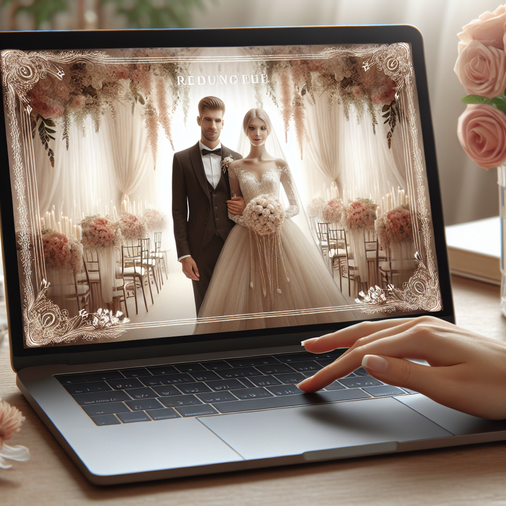 Imaginea unui site de nunti prezentat pe un laptop, cu mire si mireasa, fundal in stil de nunta, care arata ca o fotografie reala. Toate persoanele din imagine au trasaturi europene.
