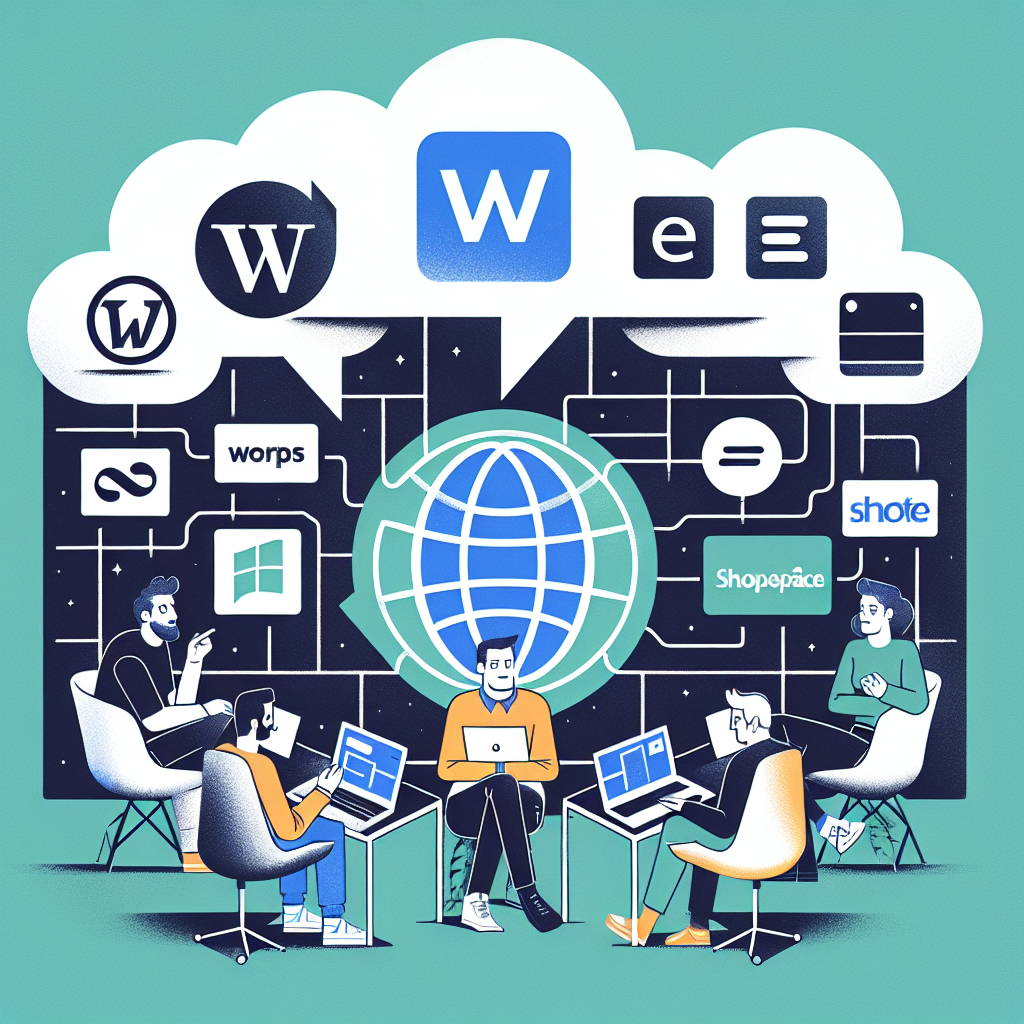 Imagine care ilustreaza alternativele diverselor platforme pentru crearea site-urilor, aratand interfete ale WordPress, Squarespace, Shopify si altele, cu europeeni discutand despre inlocuirea platformei Wix.