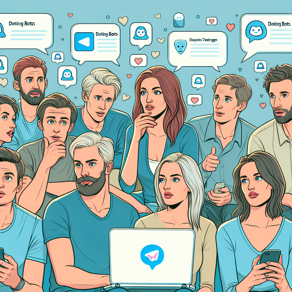 Imagine cu un grup de oameni discutand despre utilizarea botilor pentru intalniri in aplicatia de mesagerie Telegram, toate avand trasaturi europene.