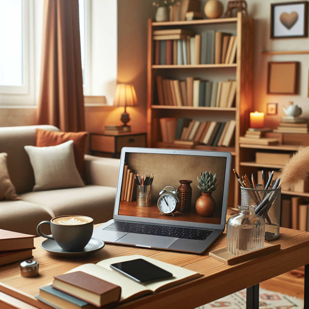 Imagine a unui birou online confortabil pentru psihologi, cu un laptop si o cana de cafea pe masa. In jurul sunt carti si decoratiuni confortabile, pentru a crea o atmosfera de liniste si profesionalism.