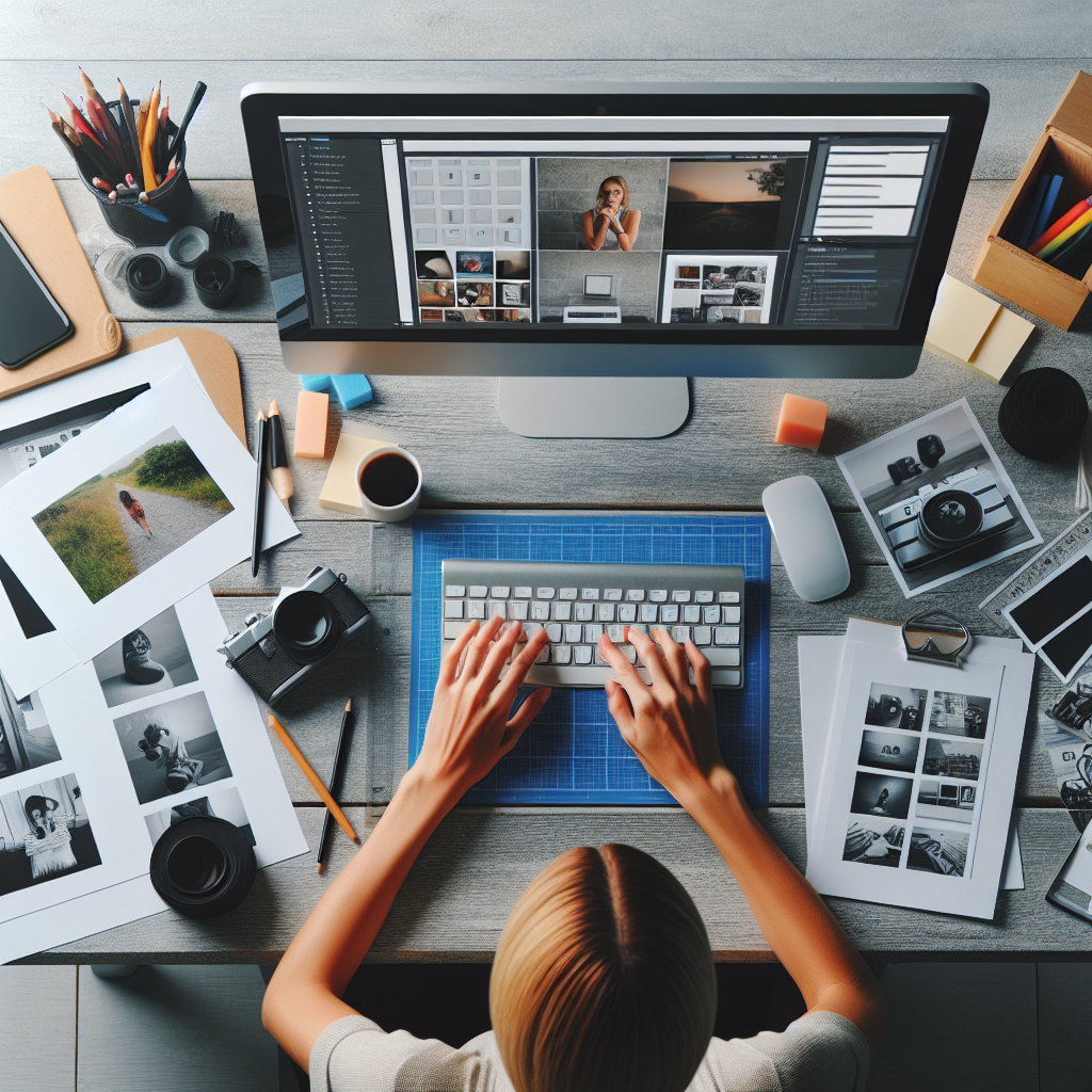 O imagine care ilustreaza procesul de dezvoltare a unui site de fotografie: un designer la calculator, lucrand la un model de site; pe birou sunt vizibile fotografii si instrumente de dezvoltare, totul ar trebui sa arate ca o fotografie reala, fara urme vizibile de editare.