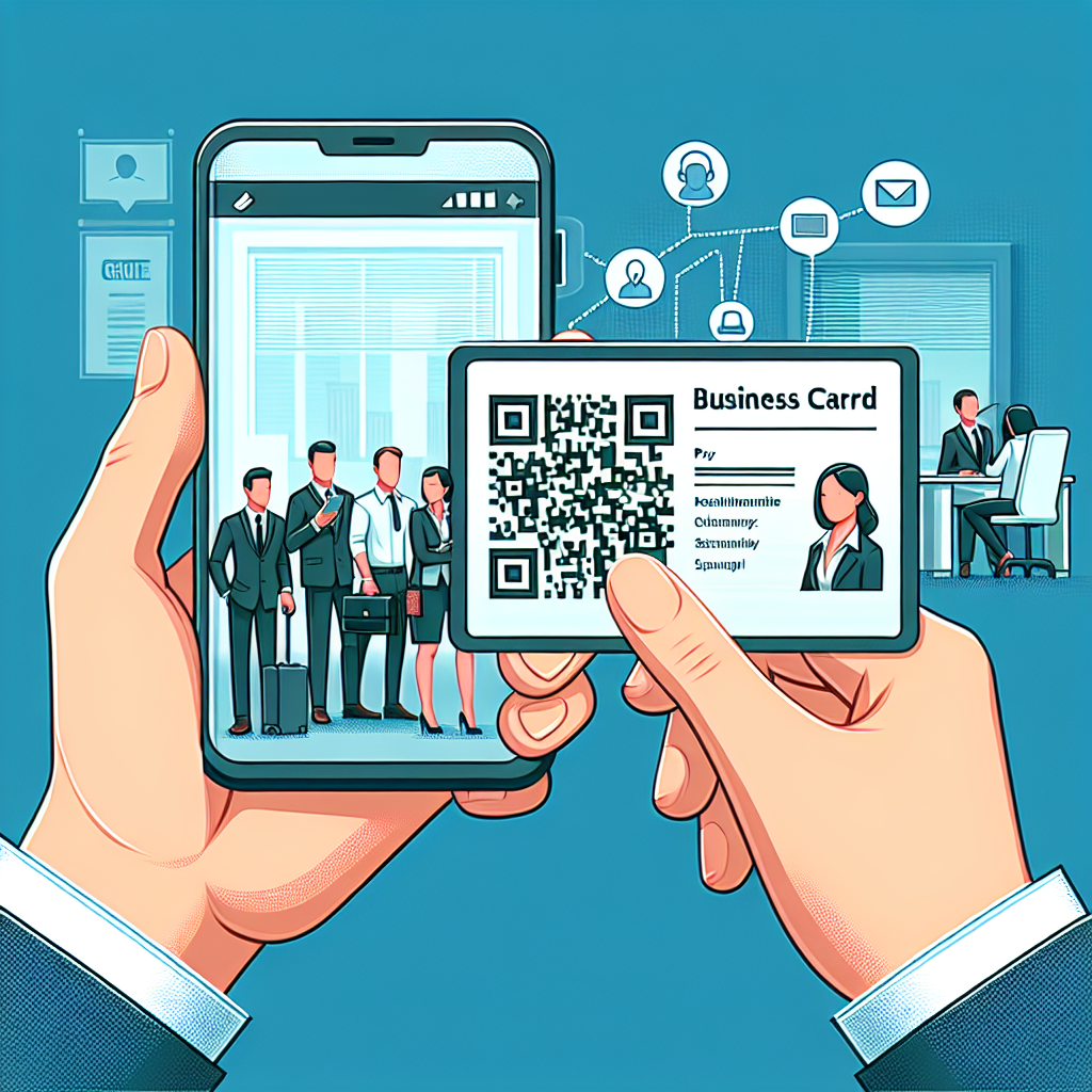 Imaginea unei carduri de vizita electronica cu un cod QR pe un smartphone, fundalul fiind un spatiu de birou, toate persoanele avand aspect european.