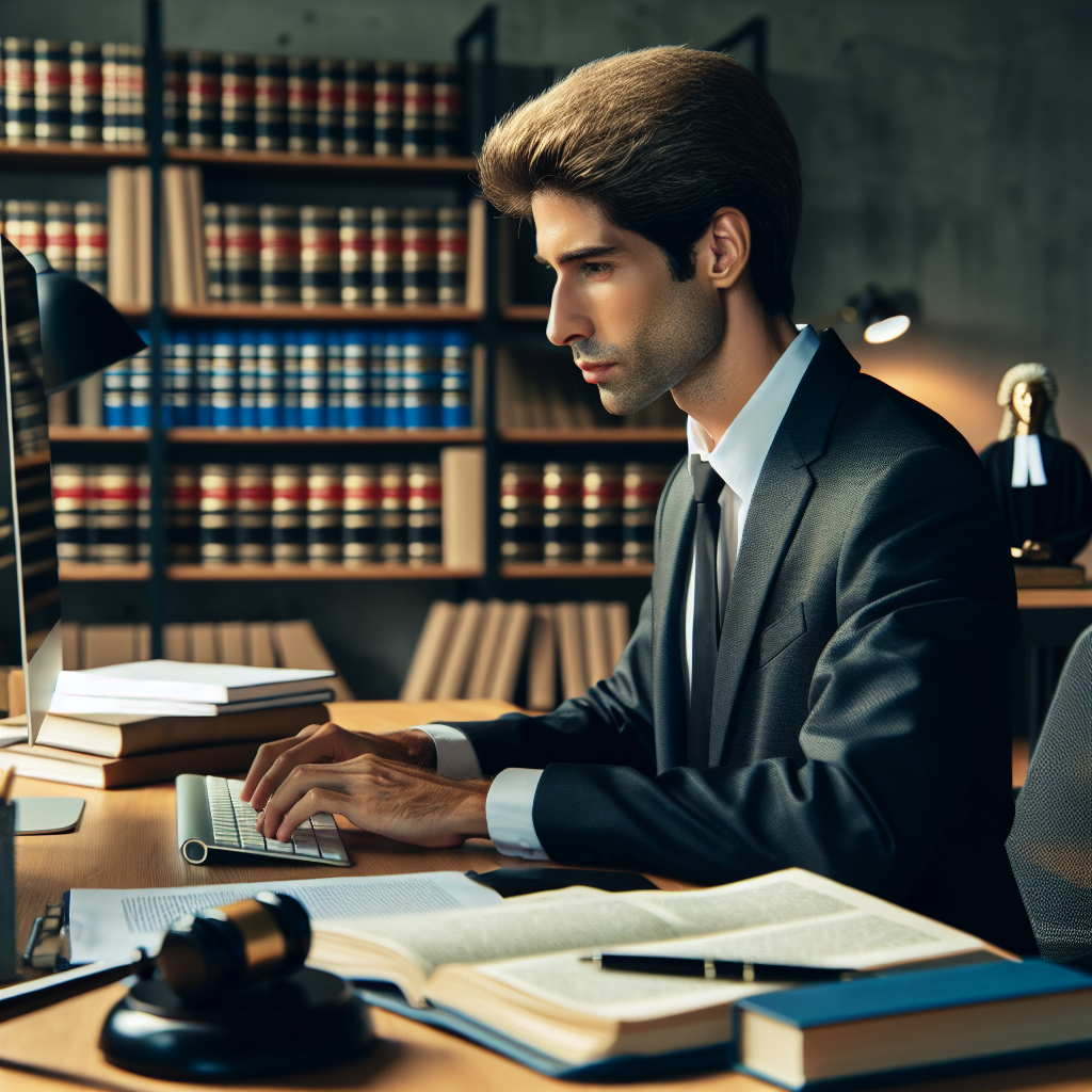 Imagine cu un avocat lucrand la birou cu un computer, avand documente si carti de drept in fundal. Aspect european.